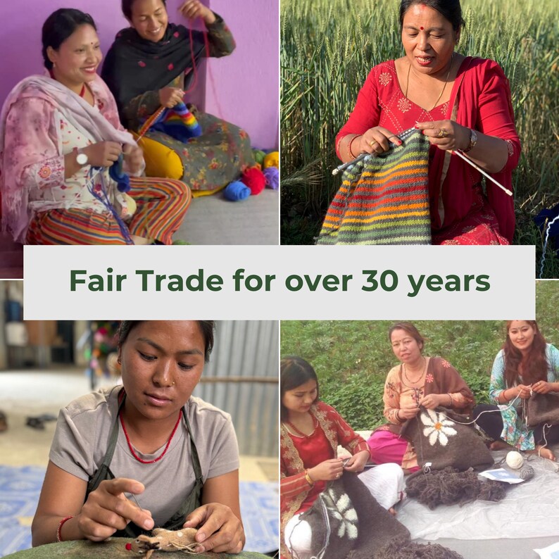 May include: A collage of images showcasing women knitting and felting wool. The images depict the process of creating handmade wool items, highlighting the craftsmanship and skill involved. The text "Fair Trade for over 30 years" is displayed in the center of the collage.