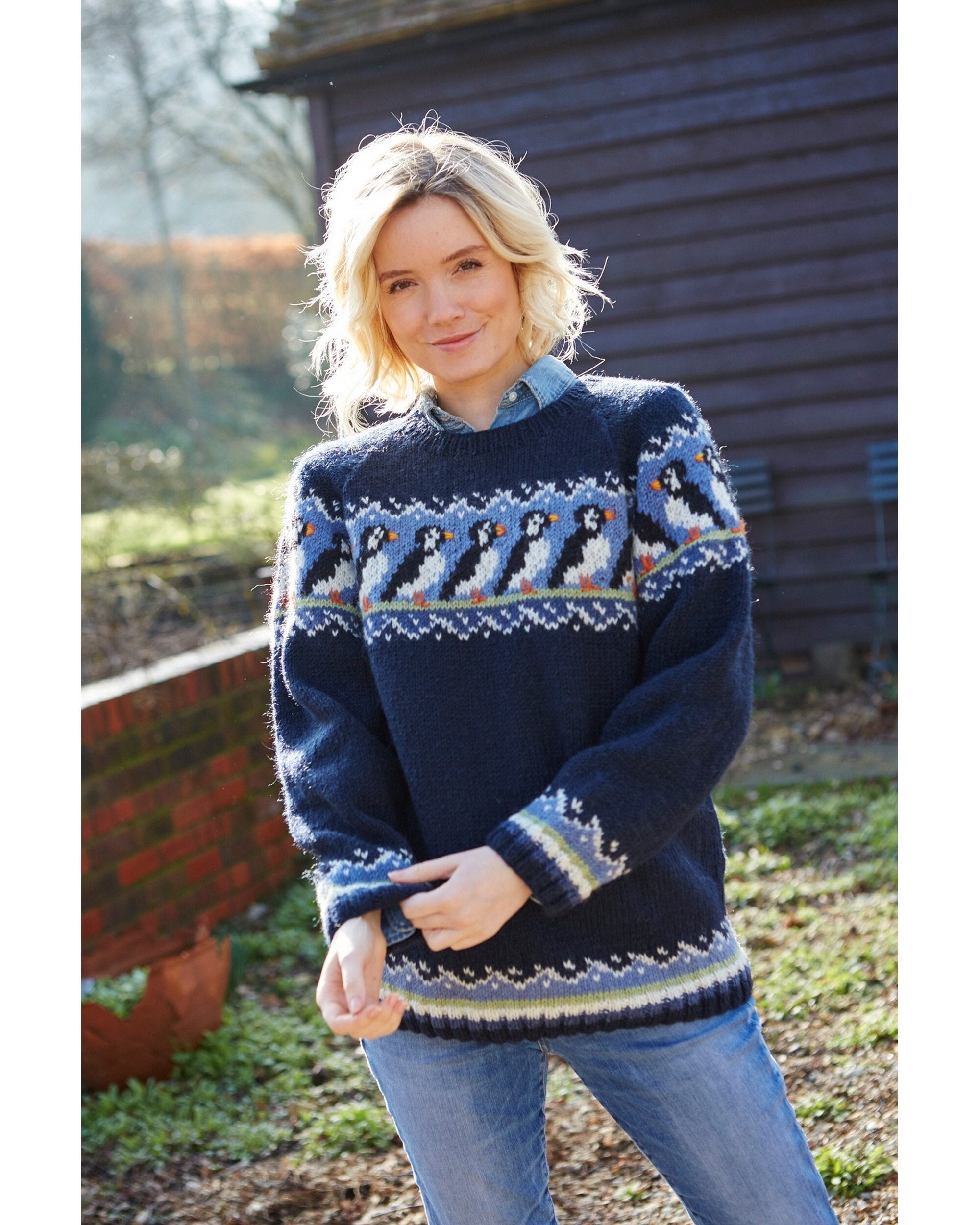 Handknitted Sweater 100% Wool Puffin Sweater Cool Navy photo
