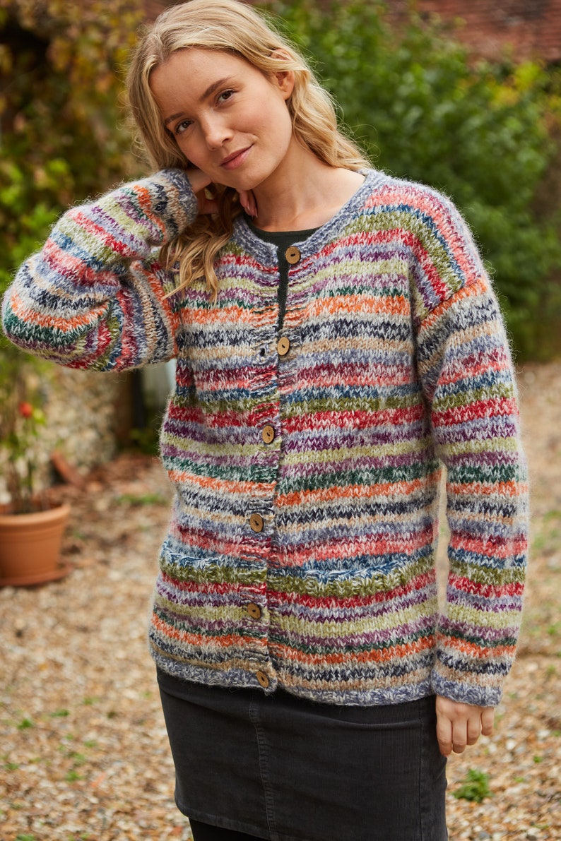 Women's Soft Rainbow Handmade Cardigan Muted Rainbow Cardi Soft Mohair Cardigan Coconut Shell Buttons Pachamama image 7