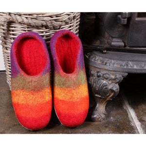 Women's Hand Felted Sunrise Slippers - Warm Sunset - Stripy Slippers - Cosy Slip Ons - Felt Slippers - Suede Sole - 100% Wool - Pachamama