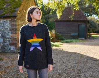 Women's Rainbow Star Sweater - Charcoal Knitted Rainbow Jumper - Unlined Jumper - Rainbow Star Motif - 100% Wool - Pachamama
