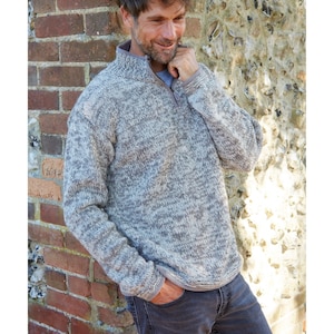 Men's Half Zip Grey Sweater, 100% Wool Hand Made, light grey Colours, Fleece Lined Collar, Hand Knitted Pullover, Gift for him