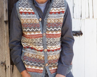 Men's Fair Isle Waistcoat - 100% Wool Outer - Coconut Shell Buttons - Fair Trade - Pachamama