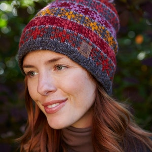 Fair Isle Star Bobble Beanie - Earth Red Knitted Hat - 100% Wool - Fair Trade - Tintagel - Pachamama