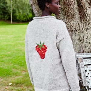 Strawberry Knitted Sweater Spring Jumper Fruit Motif 100% Wool Handknit Oversized Knit Pullover Fair Trade Pachamama image 3