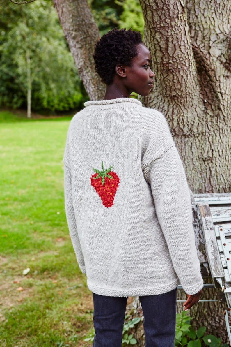 Strawberry Knitted Sweater Spring Jumper Fruit Motif 100% Wool Handknit Oversized Knit Pullover Fair Trade Pachamama image 3