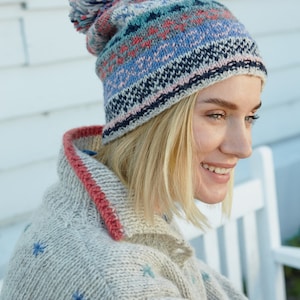 Women's Fair Isle Winter Knitted Hat Knit Bobble Beanie Traditional Fairisle beanie 100% Wool Ethical Clothing Pachamama Oatmeal