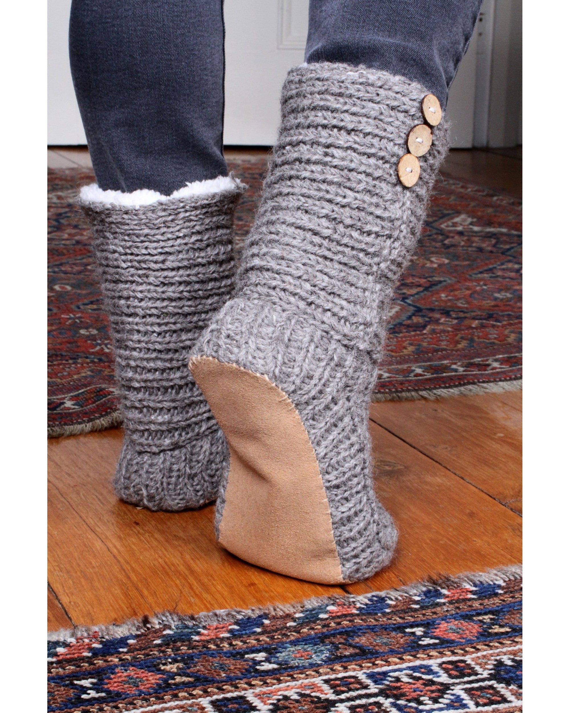 Hand Knitted Lined Slipper Socks With Suede Sole Rib Knit Etsy