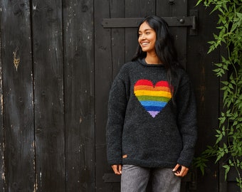 Women's Rainbow Heart Sweater - Charcoal Knitted Rainbow Jumper - Unlined Jumper - Rainbow Heart Motif - 100% Wool - Pachamama