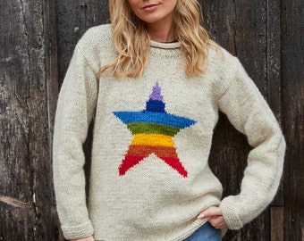 Women's Rainbow Star Sweater - Oatmeal Knitted Rainbow Jumper - Unlined Jumper - Rainbow Star Motif - 100% Wool - Pachamama