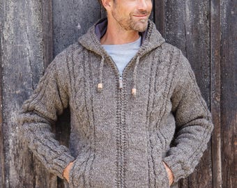 Men's Full Zip Jacket, 100% Wool Hand Made, Grey, Side