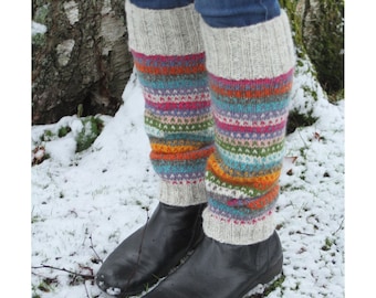 Hand Knit Dotty Stripe Leg Warmers, 100% Wool, Fair Trade Unlined Legwarmers, Knee High Boot Toppers, Bright Hearts Colourful Soft Stripy