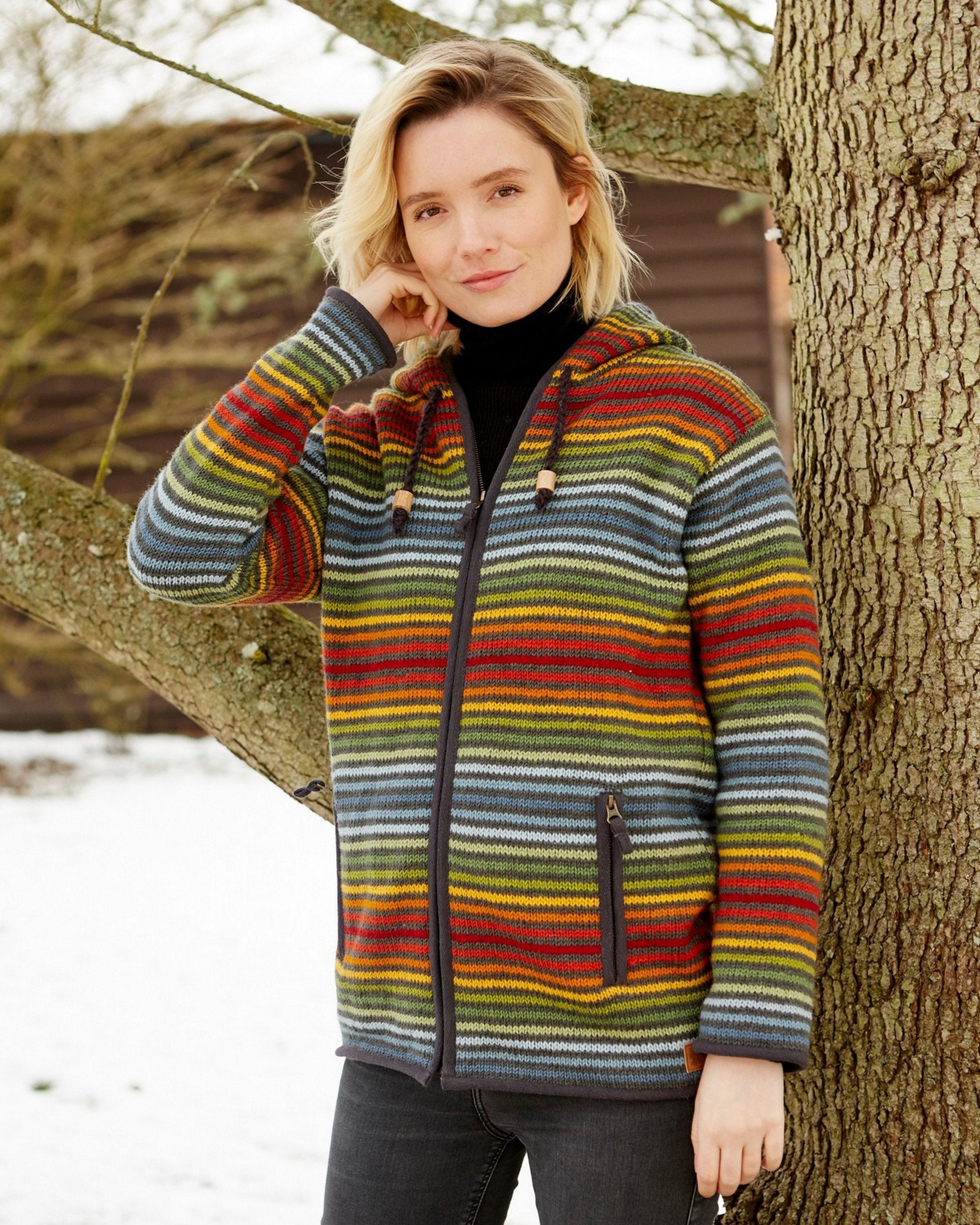 Women's Rainbow Stripe Hoody - 100% Wool - Rainbow Sweater - Retro