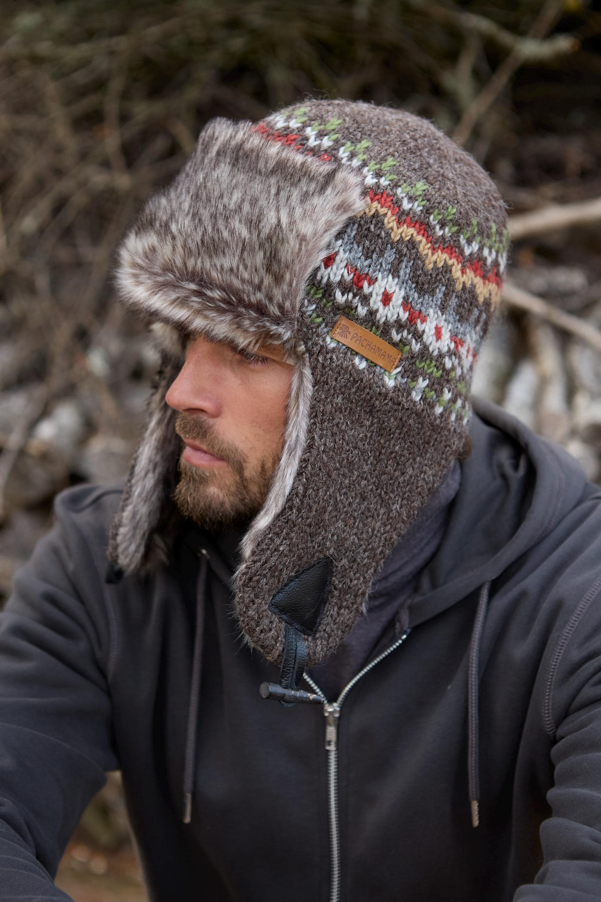 Men's Fair Isle Trapper Hat - 100% Wool & Faux Fur Lined Pachamama