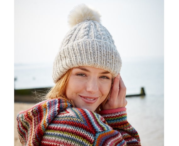 Bonnet fourré en moumoute avec pompon Femme Doublure Fausse