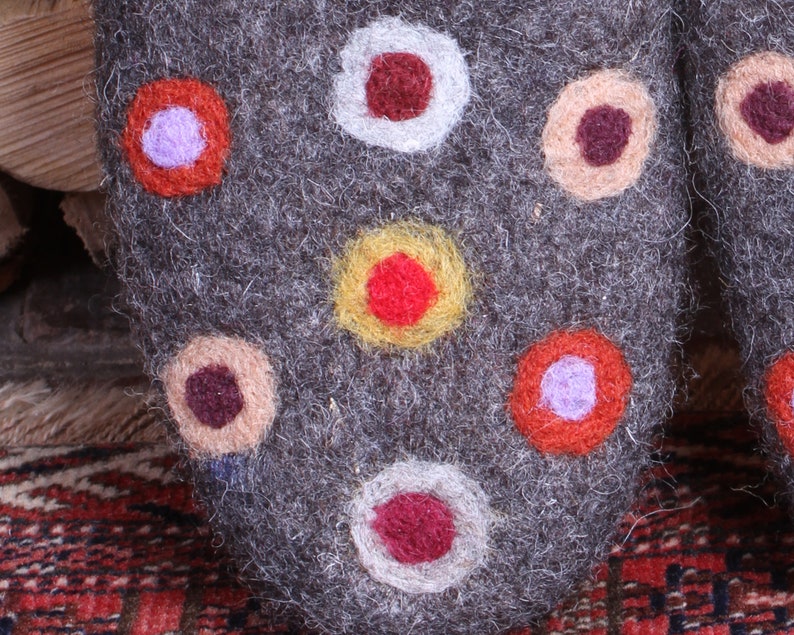Fair Trade Womens Felt Slippers, Hand Felted Slippers, Multi Coloured Spots. Womens Handmade Wool Slippers with Suede Sole, Warm, Toasty image 2