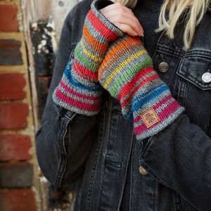 Womens Hand Knitted Handwarmers - Rainbow Stripe Gloves - 100% Wool - Knitted Rainbow Fingerless Gloves - Rainbow Knit Gloves - Pachamama