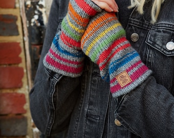 Womens Hand Knitted Handwarmers - Rainbow Stripe Gloves - 100% Wool - Knitted Rainbow Fingerless Gloves - Rainbow Knit Gloves - Pachamama