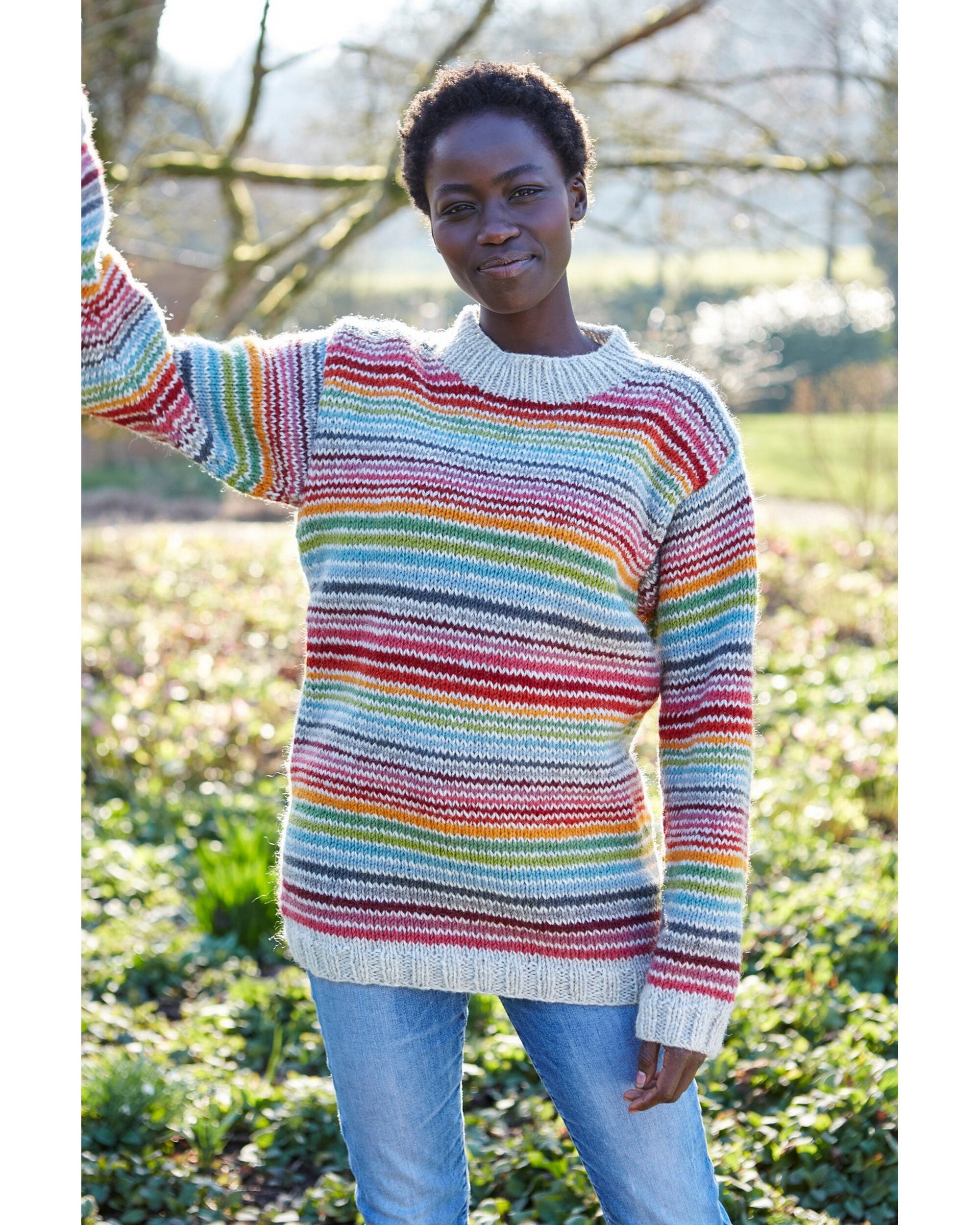 Women s Rainbow Stripe Hand Knitted Jumper 100 Wool Unlined