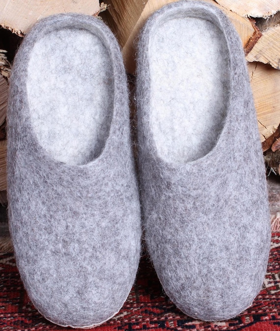 Pantuflas de lana con suela de ante y fieltro para mujer