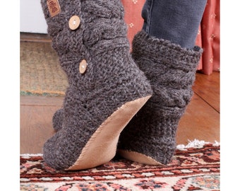 Women's Knitted Sofa Socks with Suede Sole - Lined Socks - Warm Slipper Socks - Cable Knit Sofa Socks - Aran Knit Slippers - Pachamama