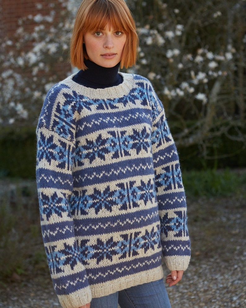 Pode incluir: Um su&eacute;ter de malha azul e branco com um padr&atilde;o de floco de neve. O su&eacute;ter tem gola redonda e mangas compridas.