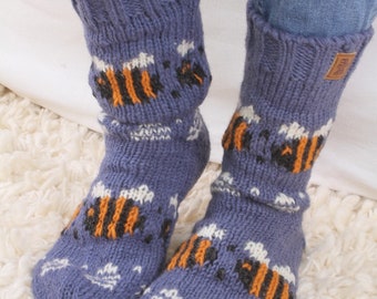 Women's Knitted Bee Socks - Hand Knit Bumblebee Socks - Handmade Knit Socks - Wool Socks - Cozy Socks - 100% Wool - Fair Trade - Pachamama