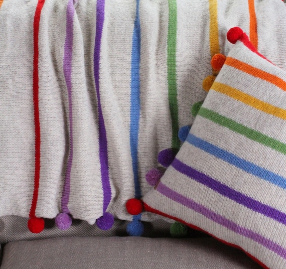Handmade Rainbow Throw Blanket 100 wool Rainbow Stripes Multi Coloured Pompoms Nursery Decor