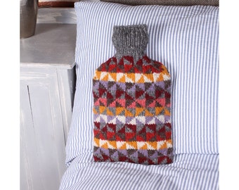 Handmade Geometric Design Hot Water Bottle, 100% Wool, Fair Trade, Includes 2L Hot Water Bottle, Cosy Winter Warmer, Autumnal Triangles