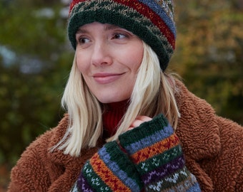 Women's Hand Knitted Green Fair Isle Beanie - Handwarmer - Headband - 100% Wool Fair Trade - Ethical Gifting - Pachamama