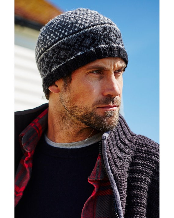 Men's Hand Knitted Beanie, 100% Wool, Warm Winter Hat, Fair Isle Design, Fleece Lined, Fair Trade, Subtle Pattern