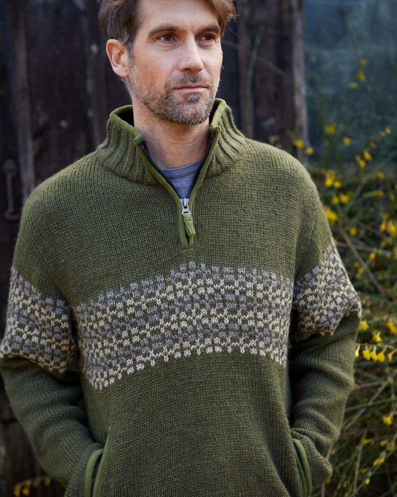 Men's Half Zip Jumper Fair Isle Sweater 100% Wool Fair Trade Green Pullover Sustainable Fashion Fleece Lined Pachamama image 3