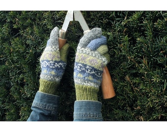 Fair Isle-handschoenen voor dames, handgebreid, 100% wol, gezellige handwarmers, patroonontwerp, ongevoerd, Fair Trade, warm, Finisterre, fijn gebreid