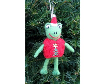 Hand Felted Festive Frog Christmas Decoration, 100% Wool, Hanging Tree Ornament, Fair Trade, Cute Animal Design