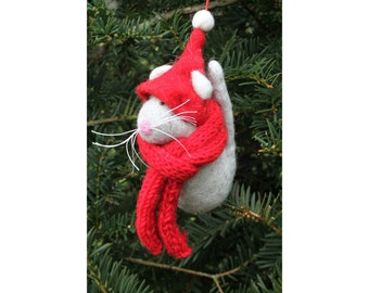 Décoration de souris de Noël feutrée à la main, 100% laine, ornement d’arbre suspendu, commerce équitable, design animal mignon