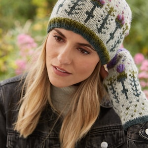 Women's Embroidered Thistle Beanie, 100% Wool Fair Trade, Headband, Fingerless Gloves, Natural Colours, Botanical, Nature Gift