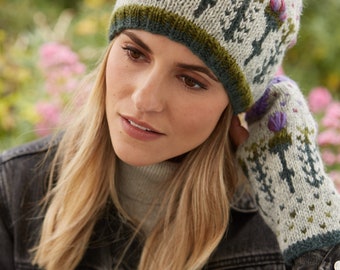 Women's Embroidered Thistle Beanie, 100% Wool Fair Trade, Headband, Fingerless Gloves, Natural Colours, Botanical, Nature Gift