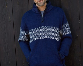 Men's Half Zip Jumper - Fair Isle Sweater - 100% Wool - Fair Trade - Navy Pullover - Sustainable Fashion - Fleece Lined - Pachamama