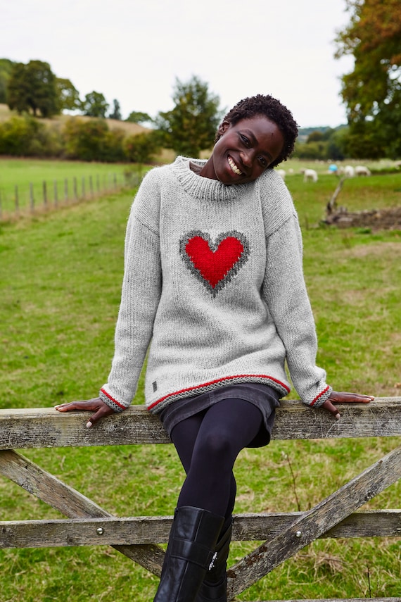Women's Heart Sweater Red Heart Love Heart Handknitted Jumper Ethical  Clothing Pachamama Retro 90s Heart Motif 