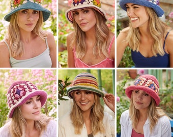 Women's Cotton Summer Bucket Hat - Hand Crochet Sun Hat - Granny Squares - Rainbow Stripe - Pachamama