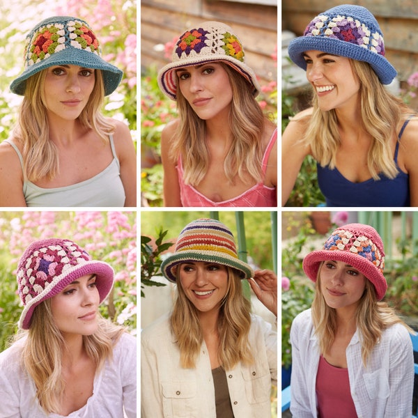 Women's Cotton Summer Bucket Hat - Hand Crochet Sun Hat - Granny Squares - Rainbow Stripe - Pachamama