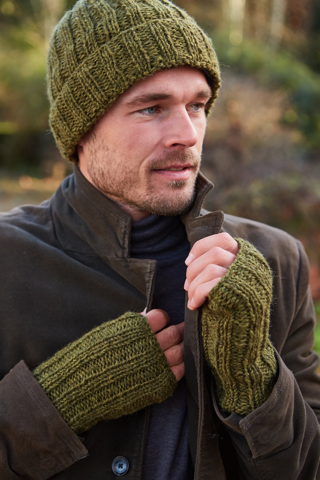 Mens Cable Knit Beanie - Green Knit Hat - Mens Roll Back  display picture 3
