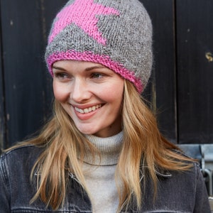 Women's Pink Star Bobble Hat Grey Pink Gloves Warm Knitted Headband 100% Wool Retro Star Motif Fair Trade Pachamama Bobble Beanie