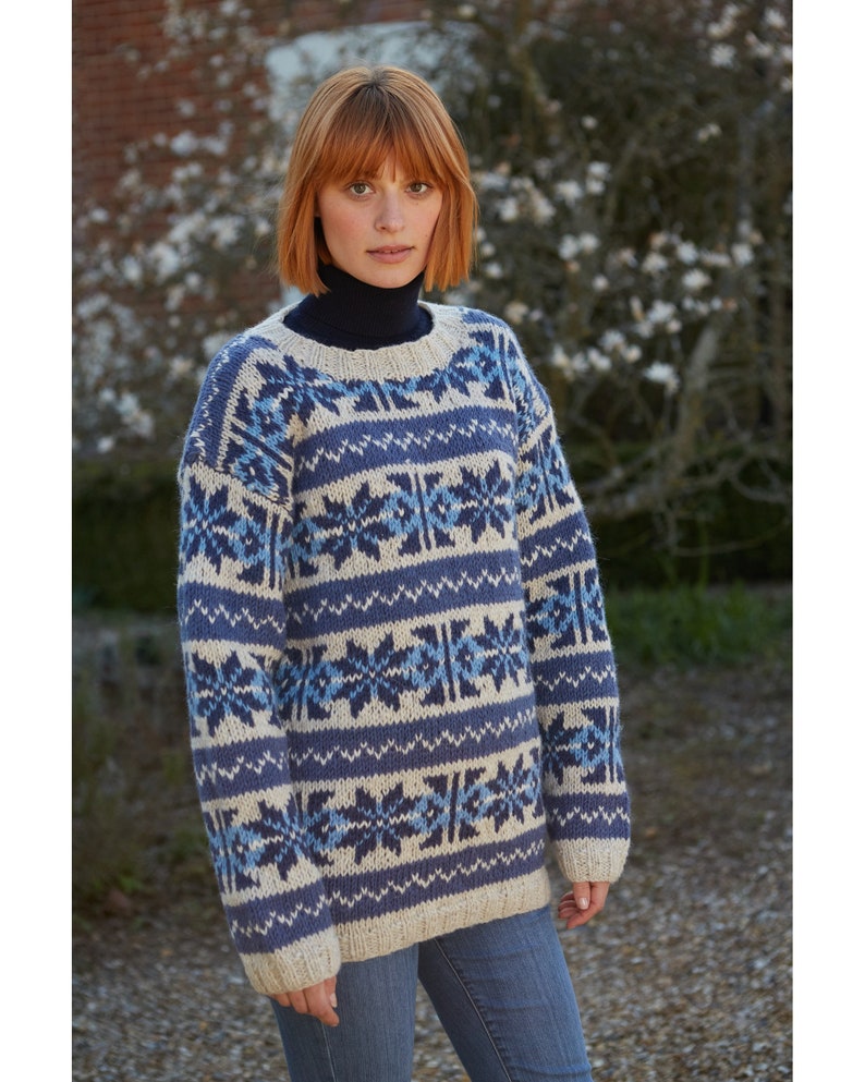 Pode incluir: Um su&eacute;ter azul e branco com padr&atilde;o e gola redonda. O su&eacute;ter tem um design de floco de neve.