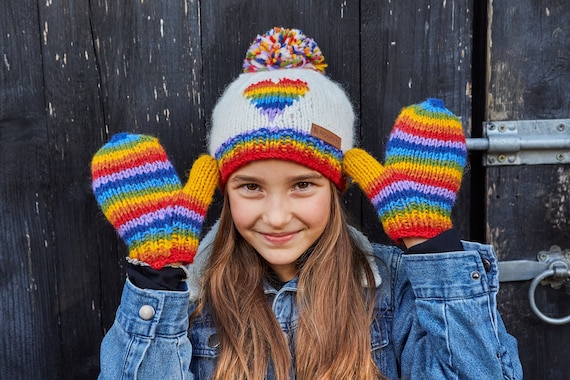 Children's Rainbow Hat - Kid's Heart Hat - Kids Star Hat - Girls Rainbow Mittens - Rainbow Chullo - 100% Wool - Fair Trade - Pachamama