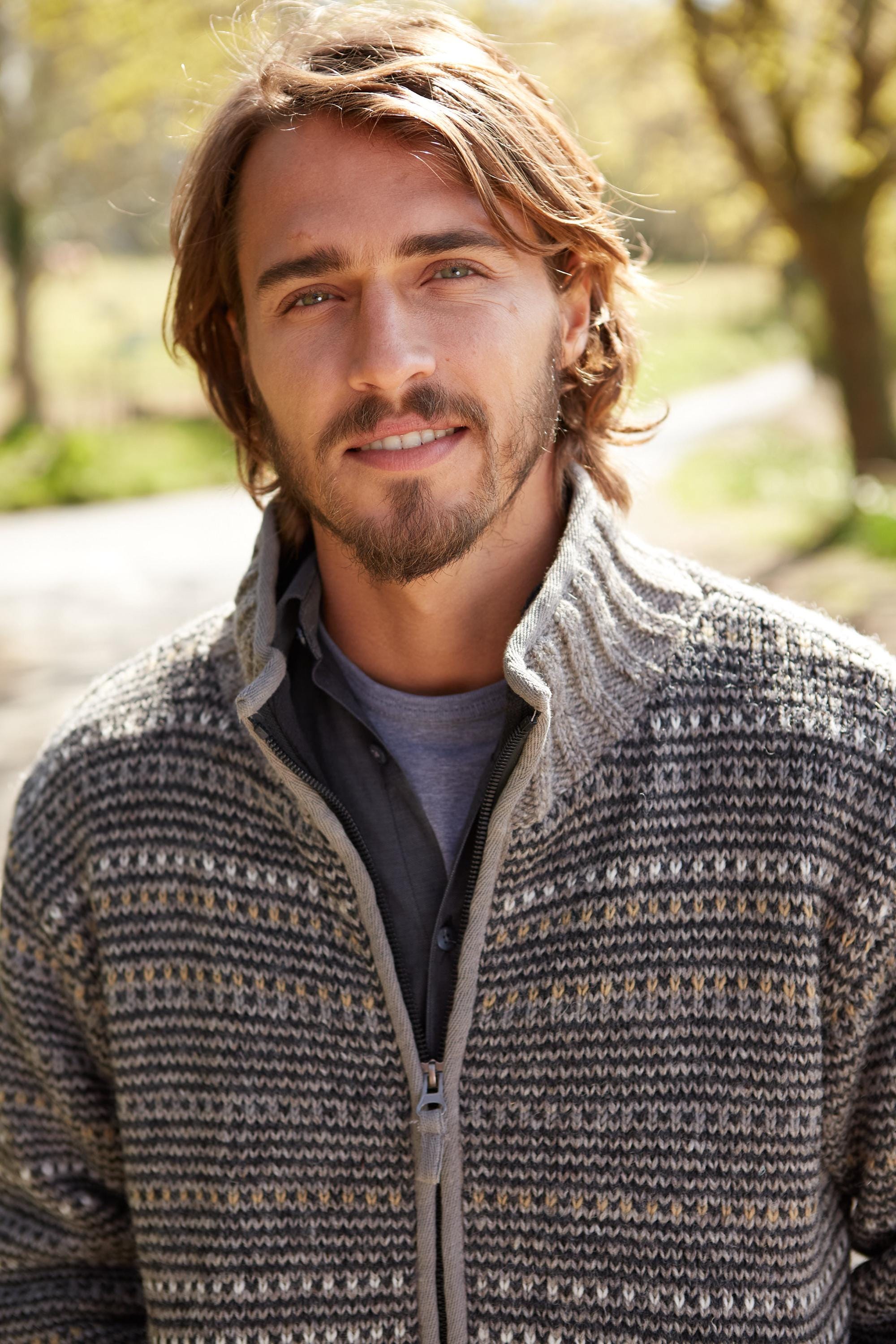 Men's Hand Knitted Jacket, 100% Wool, Fleece Lined, Natural