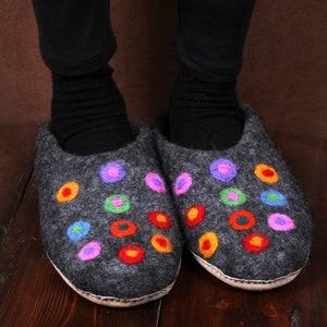 Fair Trade Womens Felt Slippers, Hand Felted Slippers, Multi Coloured Spots. Womens Handmade Wool Slippers with Suede Sole, Warm, Toasty Charcoal 38-39