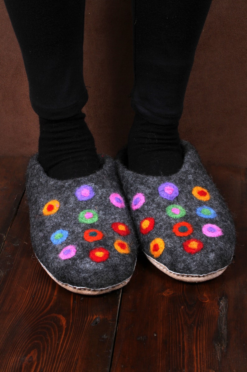 Fair Trade Womens Felt Slippers, Hand Felted Slippers, Multi Coloured Spots. Womens Handmade Wool Slippers with Suede Sole, Warm, Toasty Charcoal 38-39