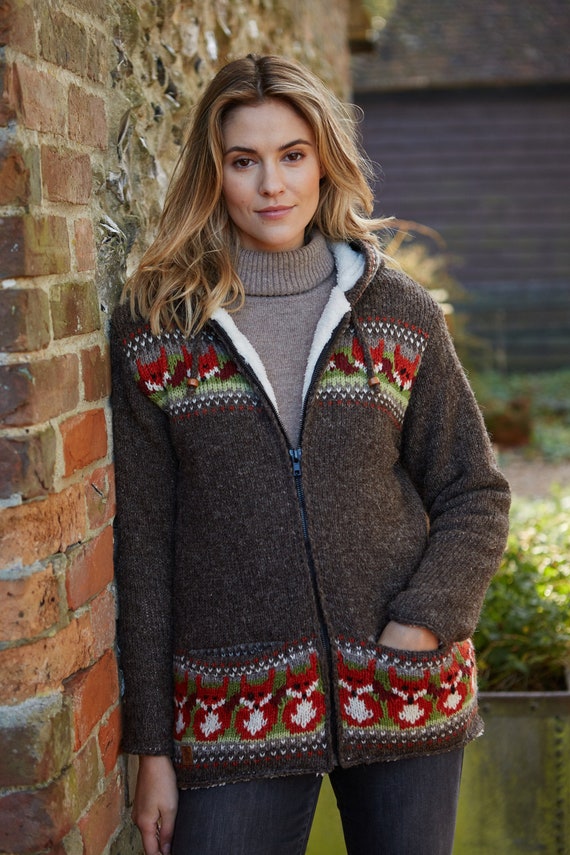 Cosy Fox Knitted Hoody 100 Wool Knitted Zip Hoodie Soft Sherpa Fleece Lined Handmade Sustainable Clothing Foxes Pachamama Etsy Canada