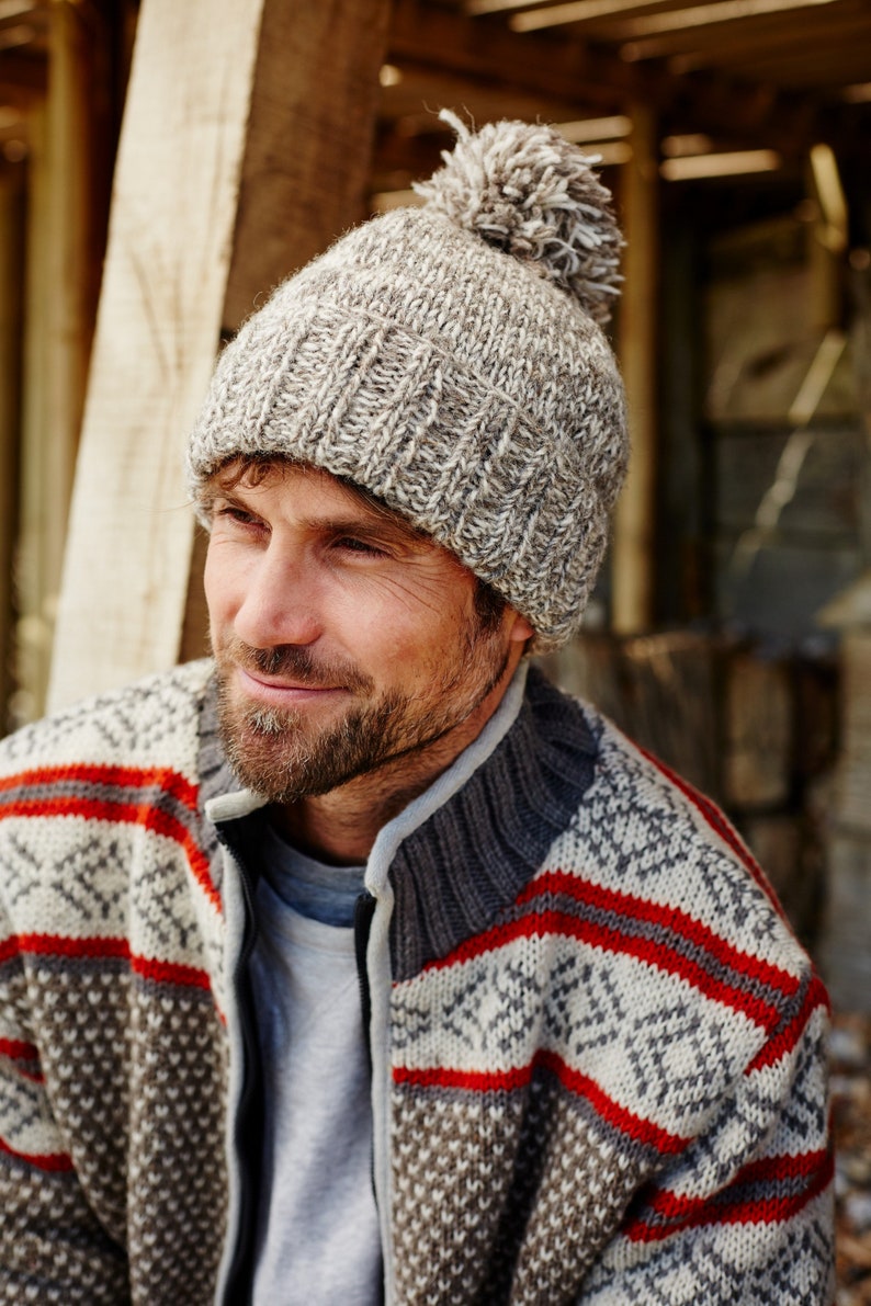 Men's Hand Knitted Bobble Beanie, 100% Wool, Salt & Pepper Design, Warm Winter Hat, Assorted Colours, Fleece Lined, Fair Trade, gift for him Grey Mix